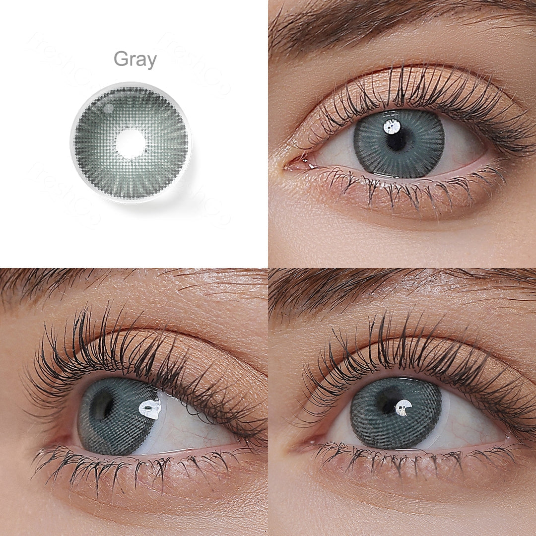 fiesta gray colored contacts wearing effect drawing from different angle