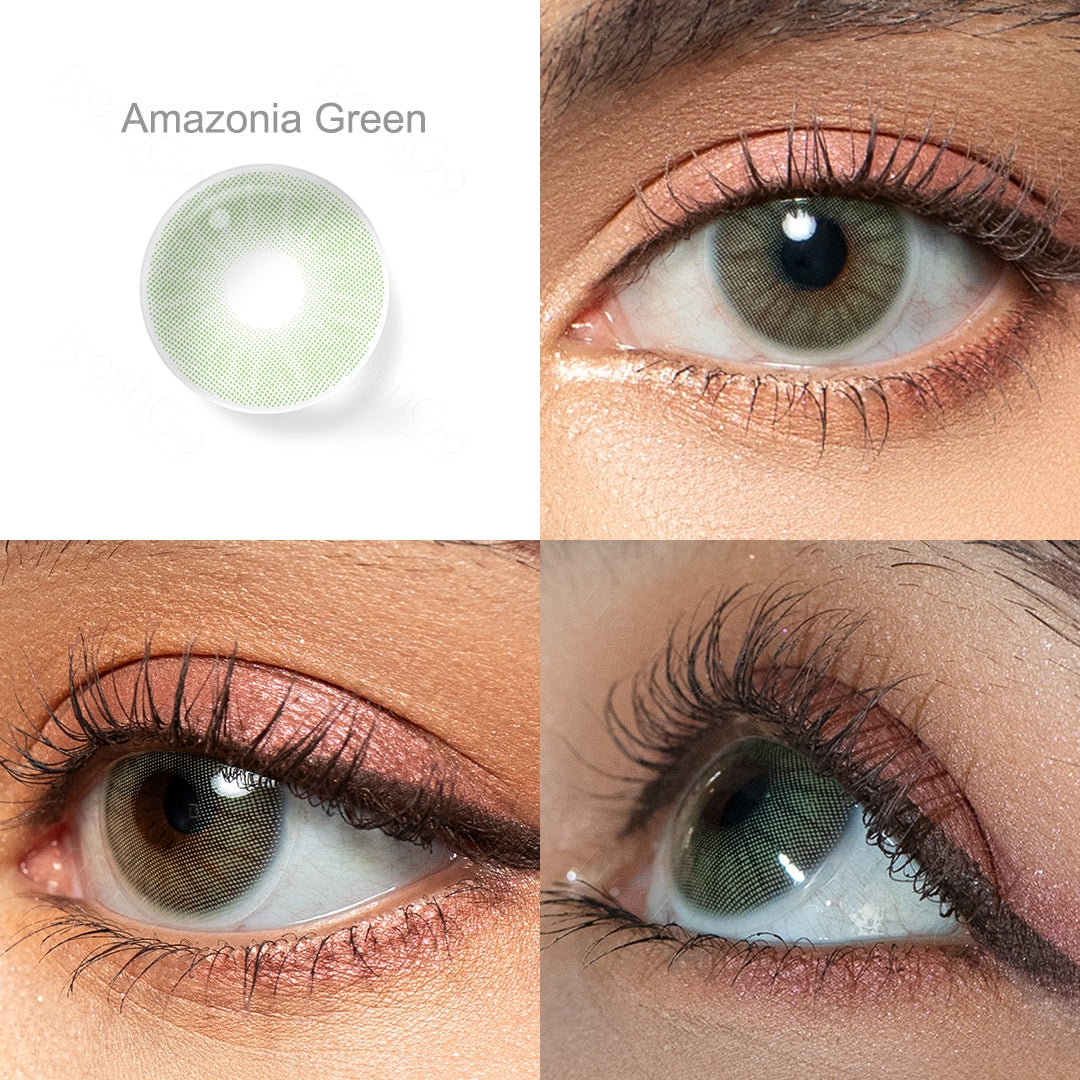 amazonia green colored contacts wearing effect drawing from different angle
